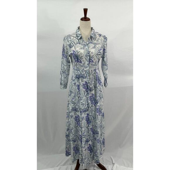 JULIA AMORY Sz S Small Aegean Chintz Maxi Shirt Dress Cotton Purple Blue Floral - Picture 10 of 12